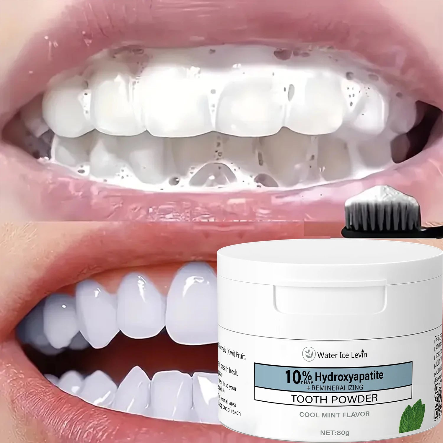 10% Hydroxyapatite Tooth Powder 80g: Cleans Teeth, Freshens Breath, Cool Mint Flavor, with Hyaluronic Acid & Natural Extracts