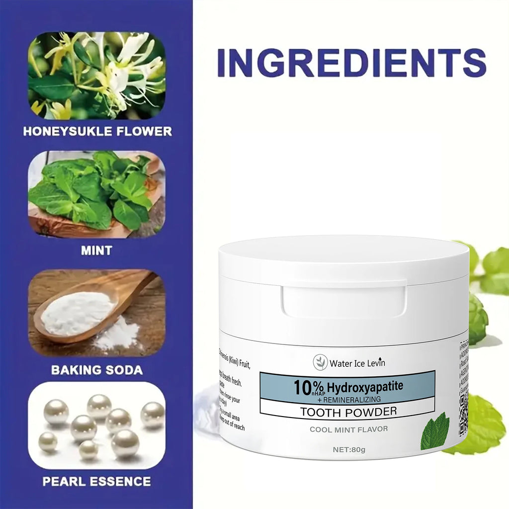 10% Hydroxyapatite Tooth Powder 80g: Cleans Teeth, Freshens Breath, Cool Mint Flavor, with Hyaluronic Acid & Natural Extracts