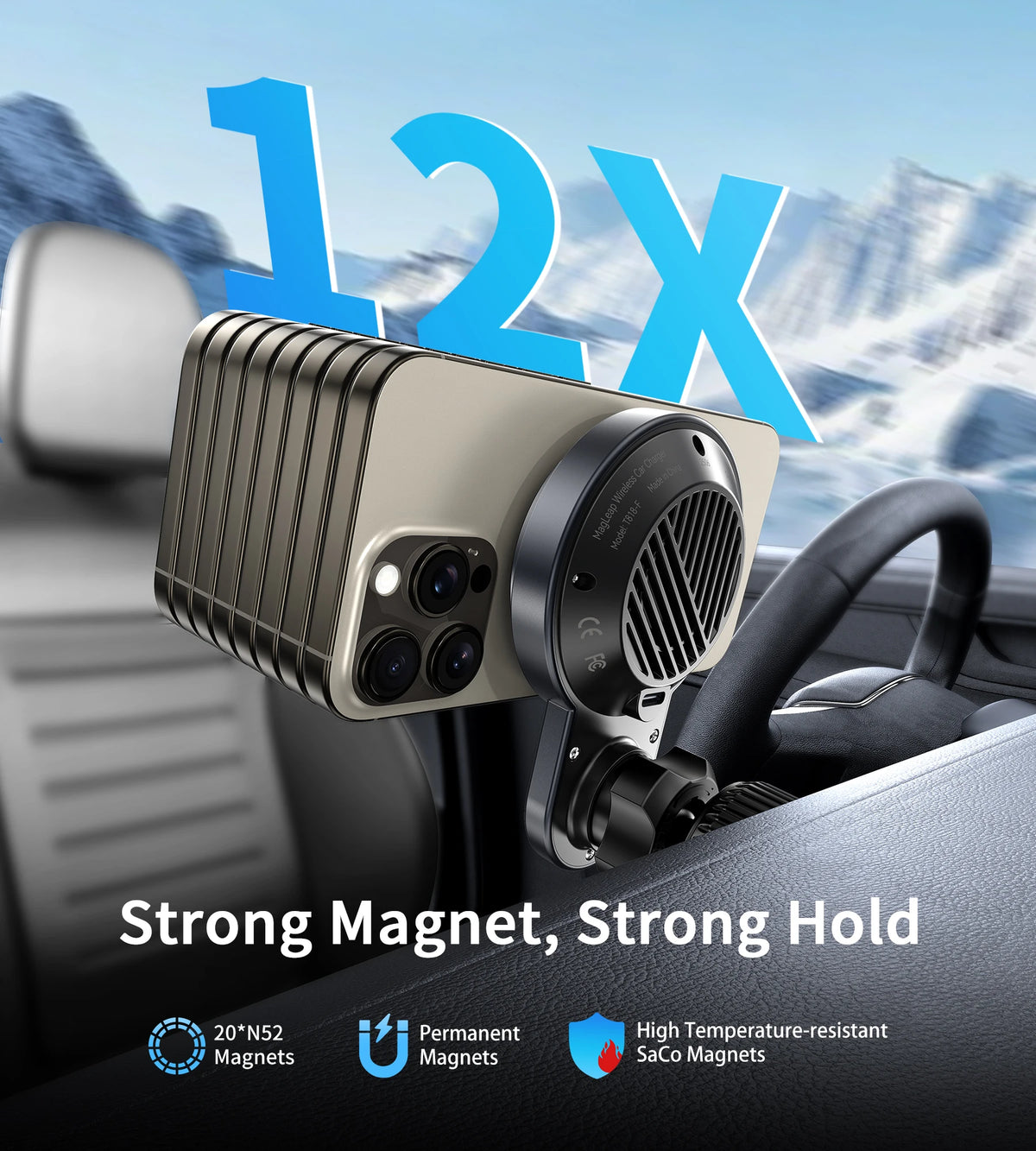 Magnetic Wireless Car Charger Holder with Cooling Fan,Fast Wireless Mag-Safe Charging Mount, Strong Steel Hook Vent Mount, Wirel