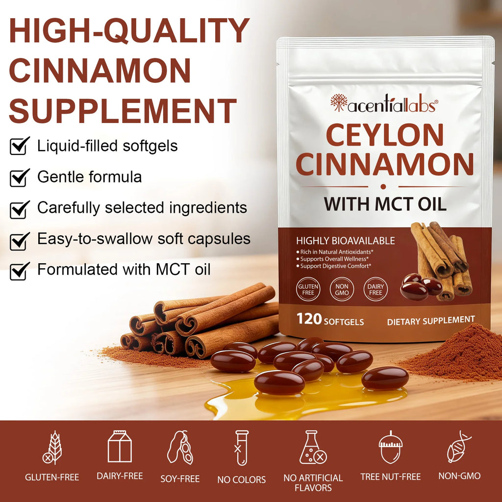 Ceylon Cinnamon Softgels MCT Oil 600mg Highly Bioavailable Antioxidant Support Digestive Comfort Wellness Non GMO 120 Count