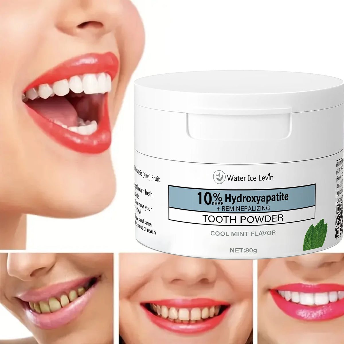10% Hydroxyapatite Tooth Powder 80g: Cleans Teeth, Freshens Breath, Cool Mint Flavor, with Hyaluronic Acid & Natural Extracts