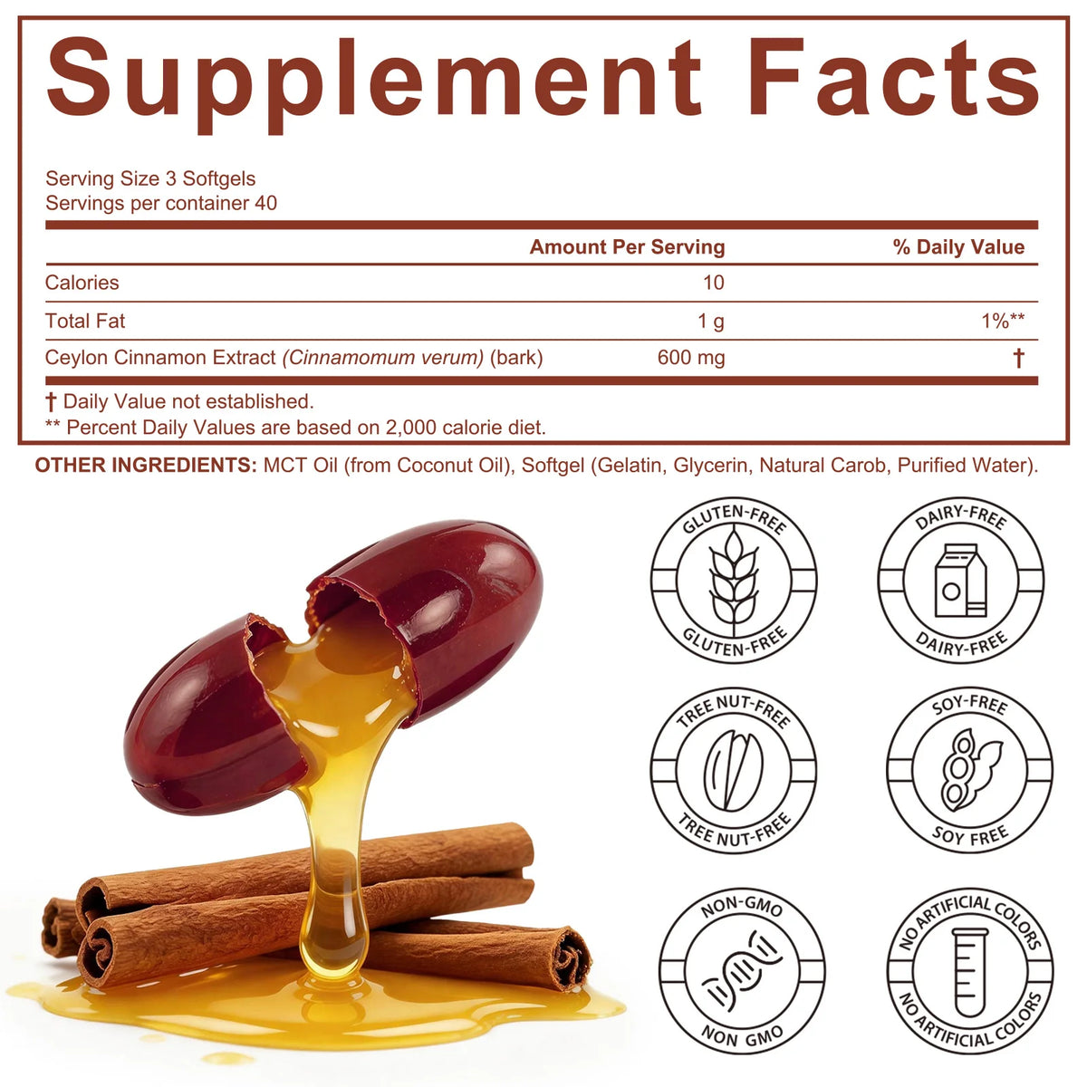Ceylon Cinnamon Softgels MCT Oil 600mg Highly Bioavailable Antioxidant Support Digestive Comfort Wellness Non GMO 120 Count