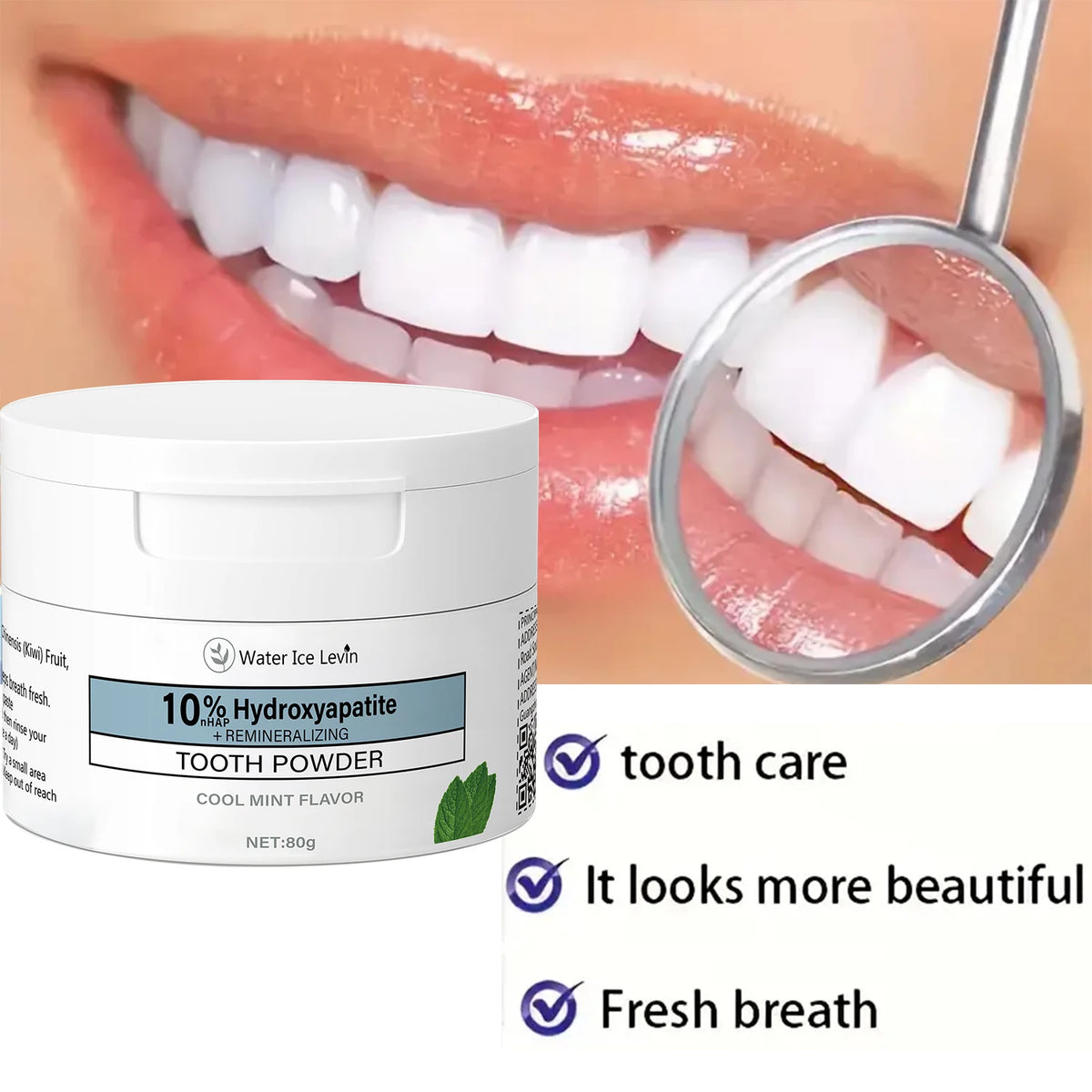 10% Hydroxyapatite Tooth Powder 80g: Cleans Teeth, Freshens Breath, Cool Mint Flavor, with Hyaluronic Acid & Natural Extracts