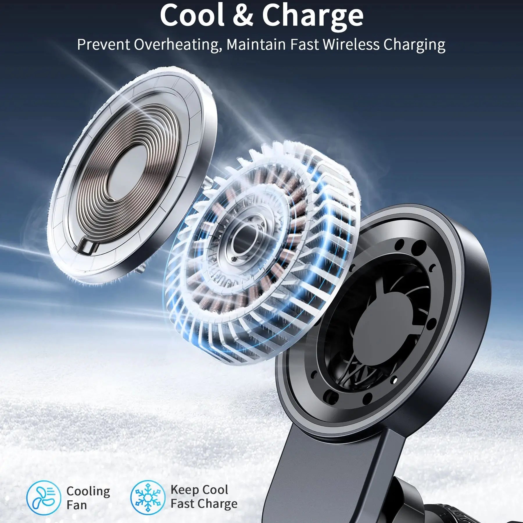 Magnetic Wireless Car Charger Holder with Cooling Fan,Fast Wireless Mag-Safe Charging Mount, Strong Steel Hook Vent Mount, Wirel