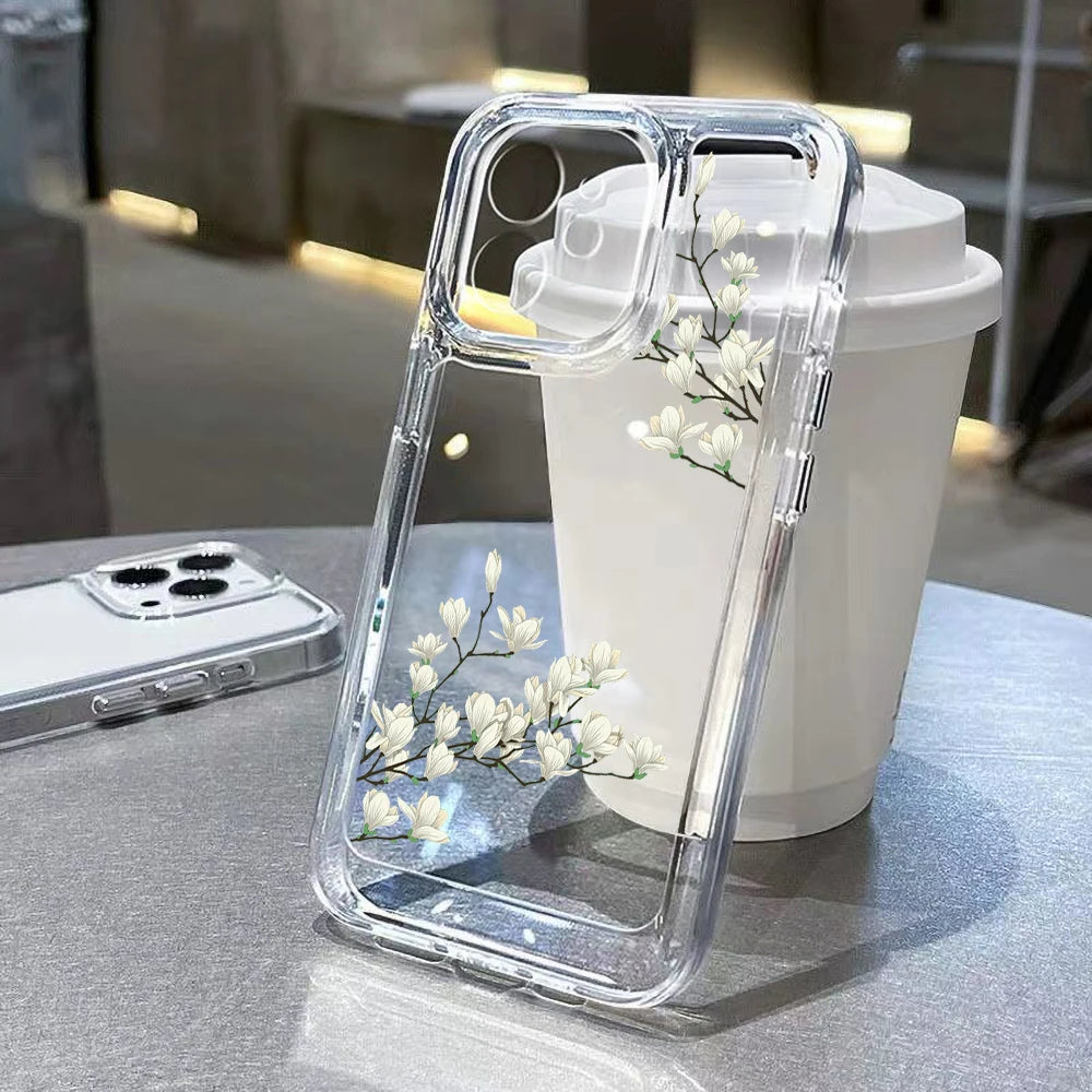 Transparent Flower Phone Case For iPhone 11 Case for iPhone 13 15 14 12 16 Pro Max XR XS X 7 8 SE Aesthetic Floral Cover Funda