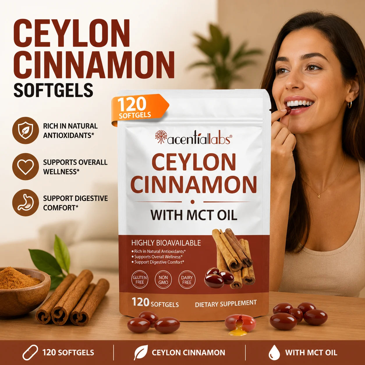 Ceylon Cinnamon Softgels MCT Oil 600mg Highly Bioavailable Antioxidant Support Digestive Comfort Wellness Non GMO 120 Count