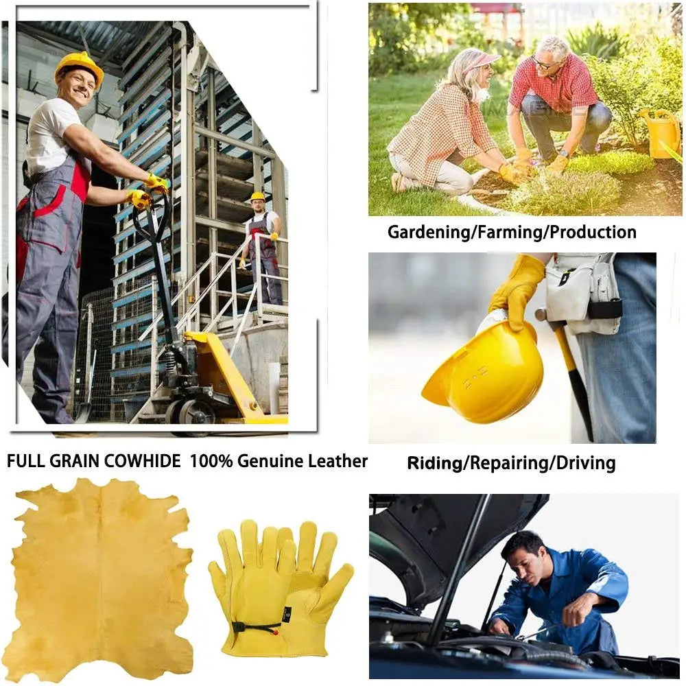 1 Pair Cow Leather Work Soft Glove Welding Security Protection Safety Workers Mechanic Driver Hunting Driving Farm Garden Glove