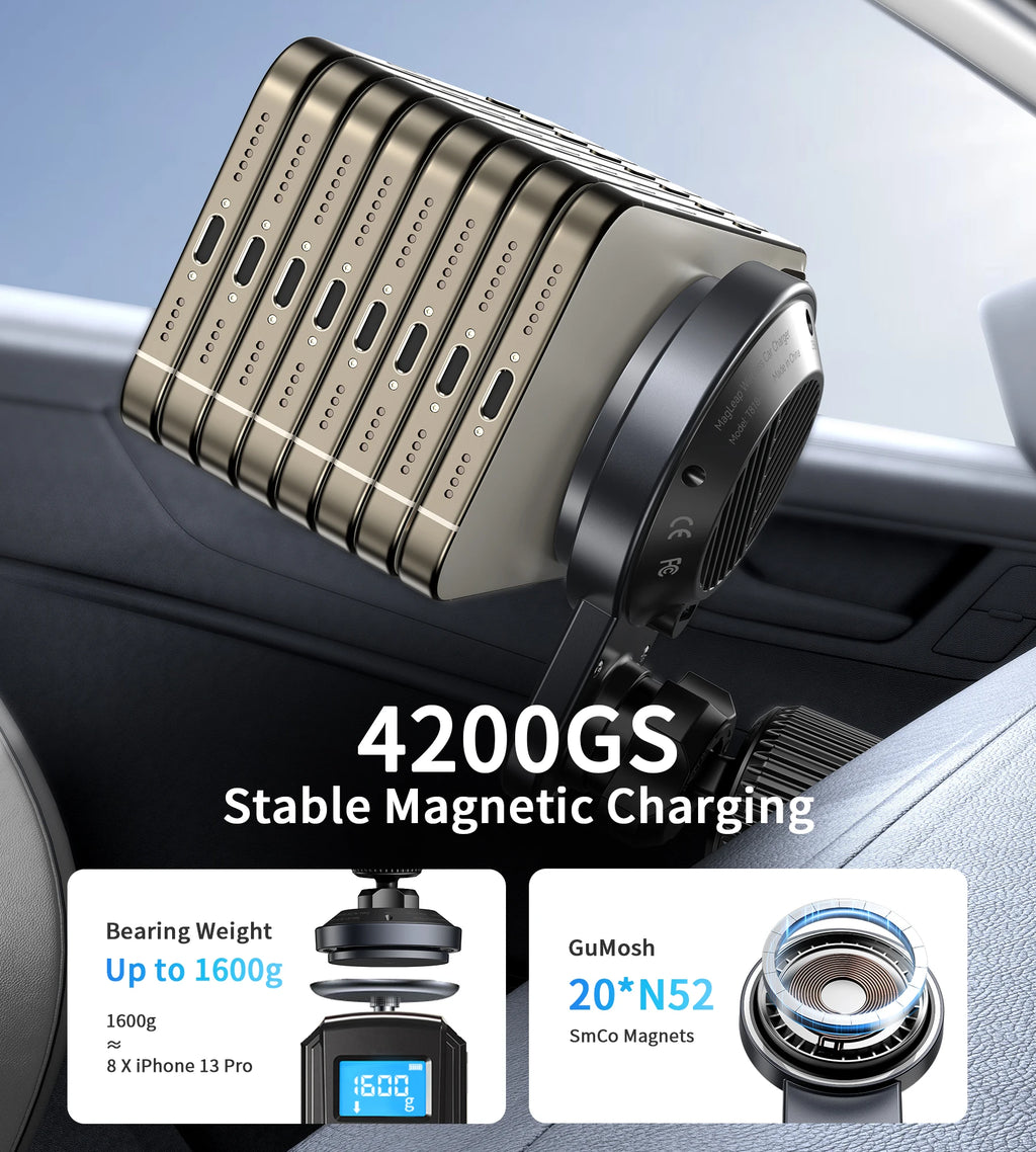 Magnetic Wireless Car Charger Holder with Cooling Fan,Fast Wireless Mag-Safe Charging Mount, Strong Steel Hook Vent Mount, Wirel