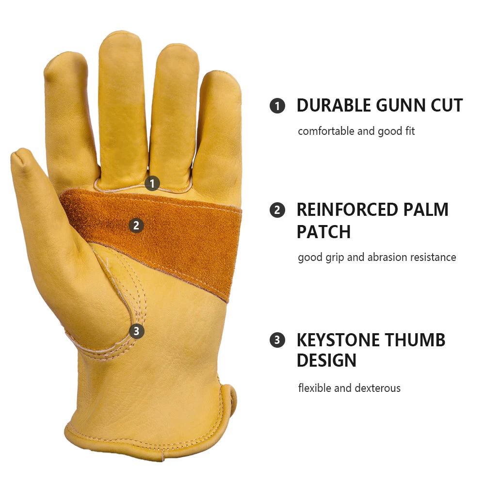 1 Pair Cow Leather Work Soft Glove Welding Security Protection Safety Workers Mechanic Driver Hunting Driving Farm Garden Glove