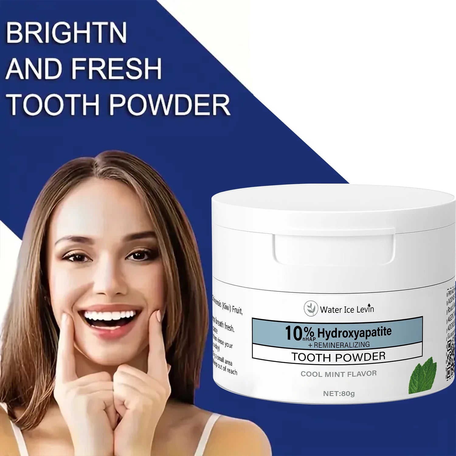 10% Hydroxyapatite Tooth Powder 80g: Cleans Teeth, Freshens Breath, Cool Mint Flavor, with Hyaluronic Acid & Natural Extracts