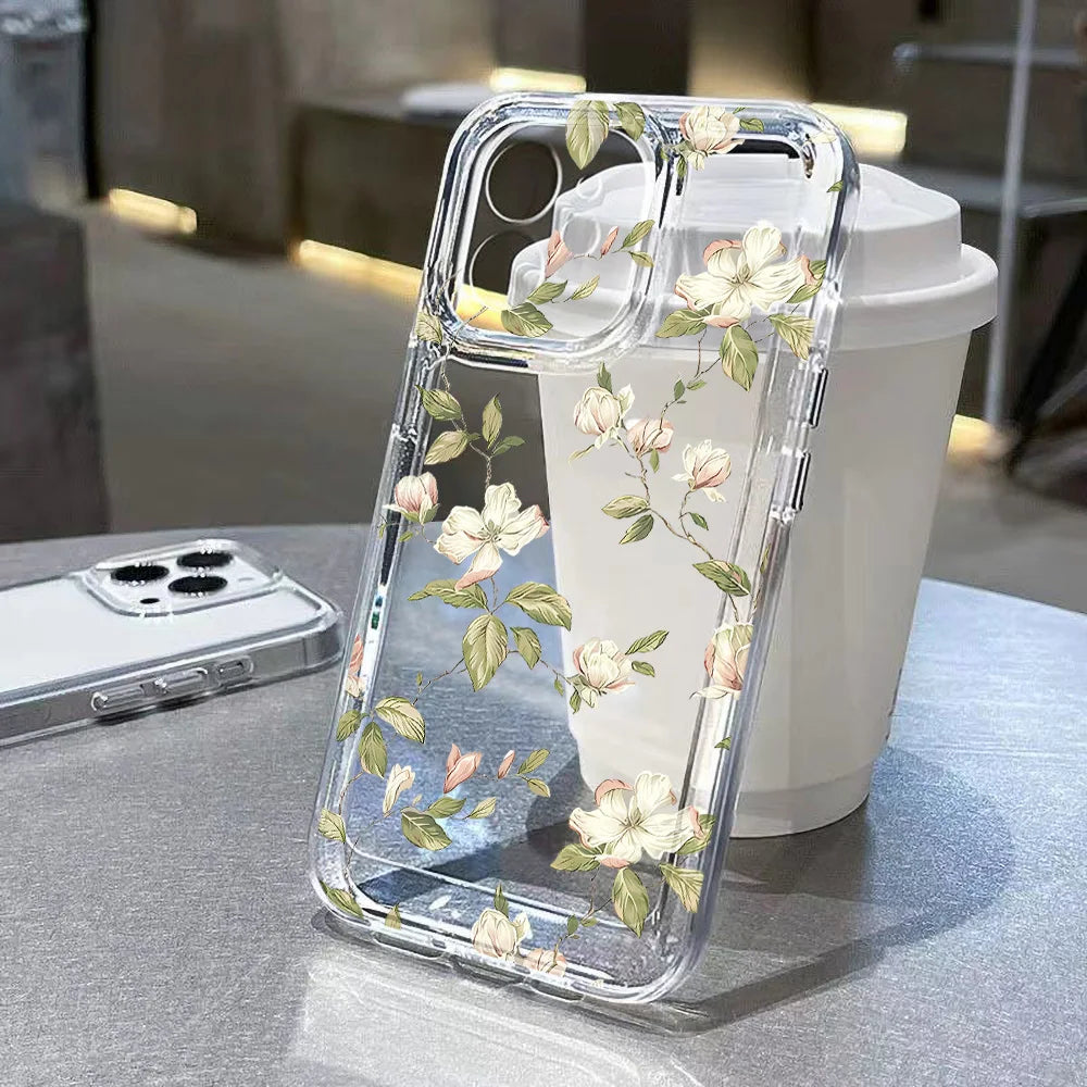 Transparent Flower Phone Case For iPhone 11 Case for iPhone 13 15 14 12 16 Pro Max XR XS X 7 8 SE Aesthetic Floral Cover Funda