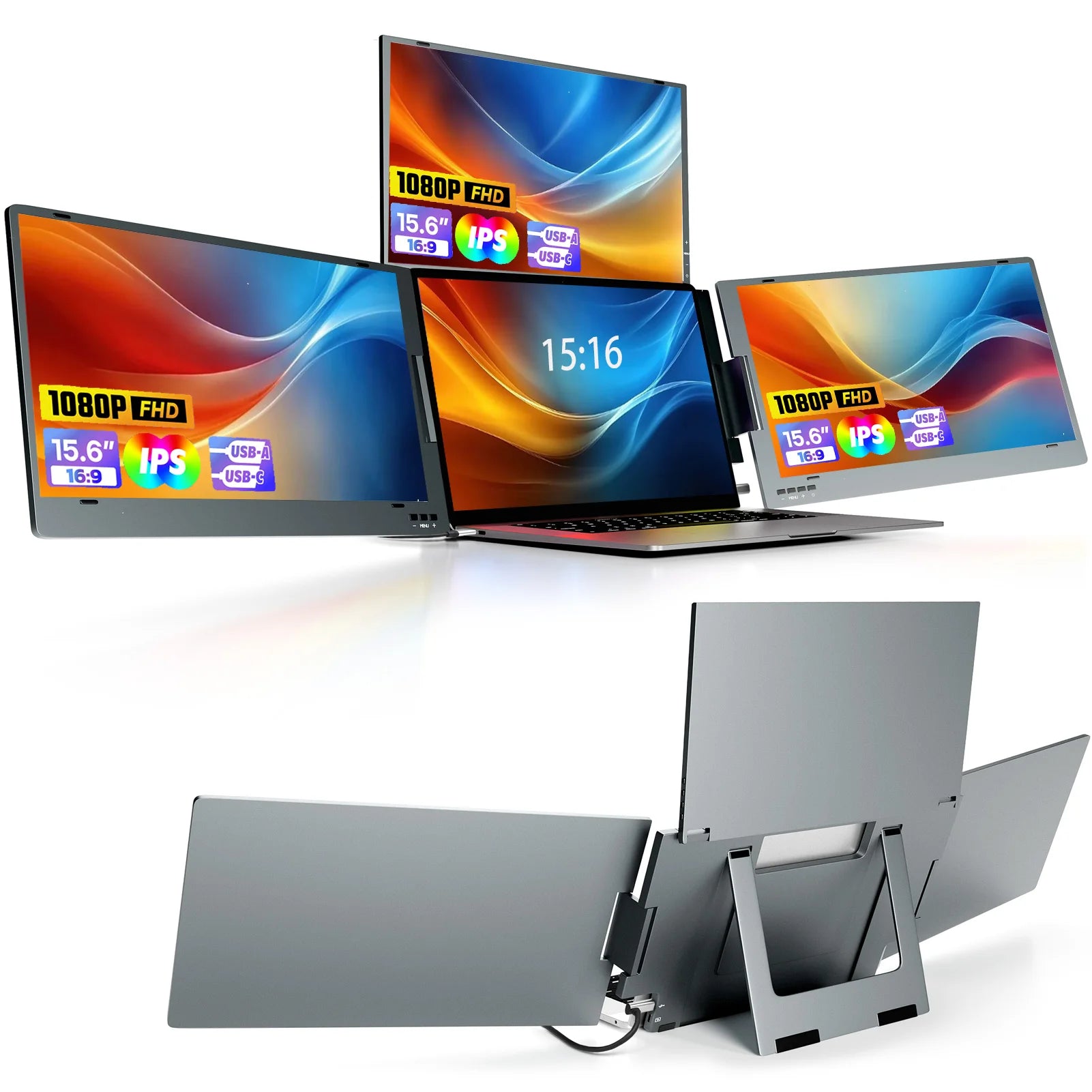 15.6" Triple Screen Laptop Extender Monitor, Portable USB-C Display for MacBook, PC,Gaming, Multitasking , Business Productivity